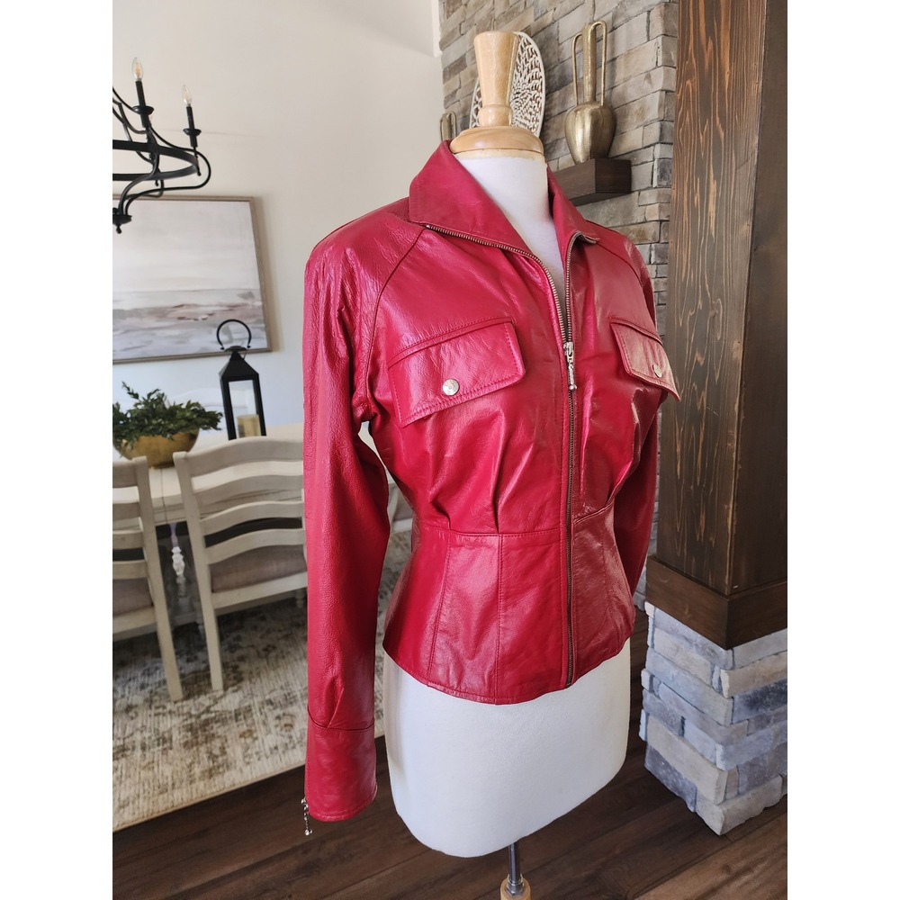 Styleworks Womens Red Leather Moto Jacket Full Zip Peplum Waist Size 8